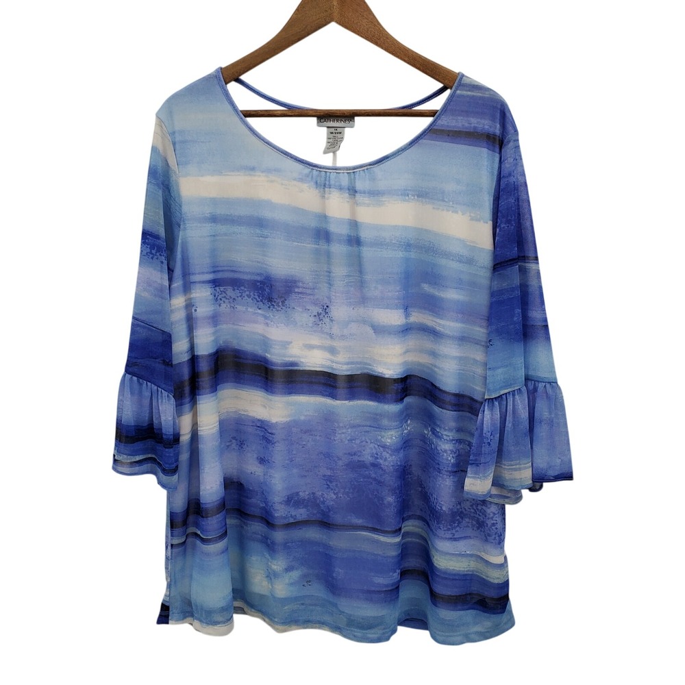 Catherines‎ Womens 3/4 Sleeve Scoop Neck Blouse Top Plus Size 1X Blue Watercolor